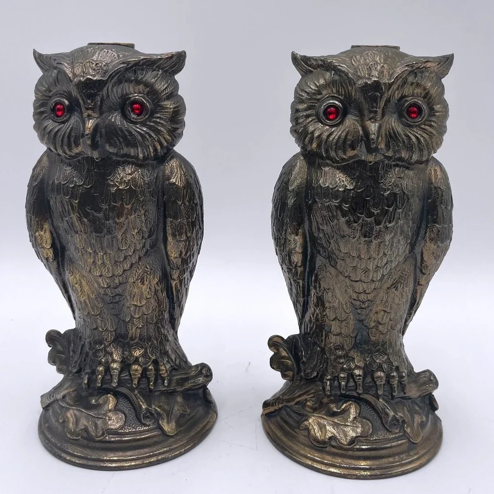 Pair Vintage Metal Owl Lamp‎ Base L&L WMC Loevsky & Loevsky Stamped Makers Mark